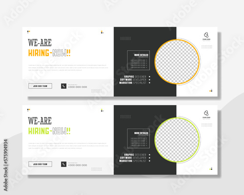 We are hiring job vacancy social media website, post banner design template with orange and white color. We are hiring job vacancy square web banner design.