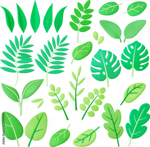 Green 3d foliage, tropical leaves summer spring season. Decorative plants, leaf tree and branch. Exotic and garden plant. Organic pithy vector graphic clipart