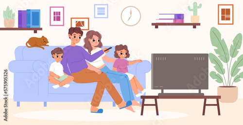 Family watching tv sitting on sofa. Watch movie in living room together. Adults and children relax at home on couch, snugly cartoon vector scene