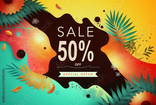 Summer Sale banner 50% off hot season grand sale discount poster banner background. Generative ai. photo