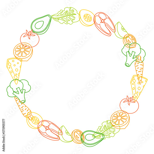 Frame with healthy eating and diet meal. Fruits, vegetables and proteins for proper nutrition.
