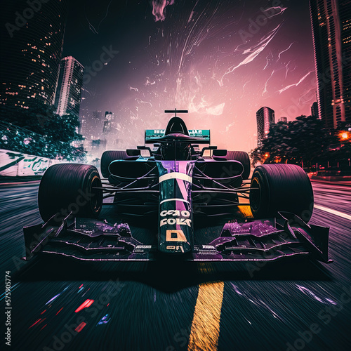 Synthwave halloween formula 1 car racing on a night road. Ai generated