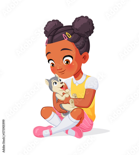 Cute African American girl holding husky puppy. Vector illustration isolated on white background.