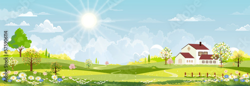 Nature Spring landscape village,Country house,Green Field with Cloud, Blue Sky,Vector horizon Natural rural Countryside with forest tree,Mountains in Sunny day,Cartoon Vector for Spring, Summer banner