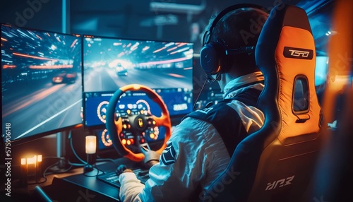 Professional gamers playing online car racing esport simulator with steering wheel, Generative AI photo