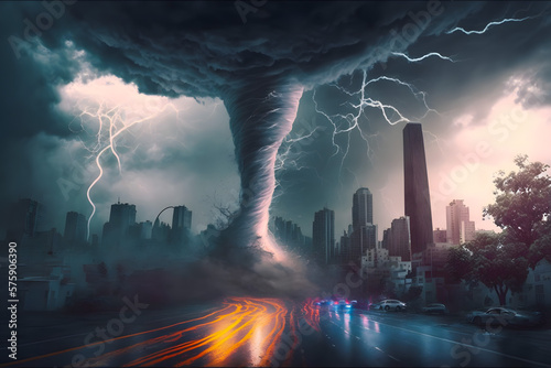 Tornado and lightning with hail in a big city in the middle of the street. Generative AI