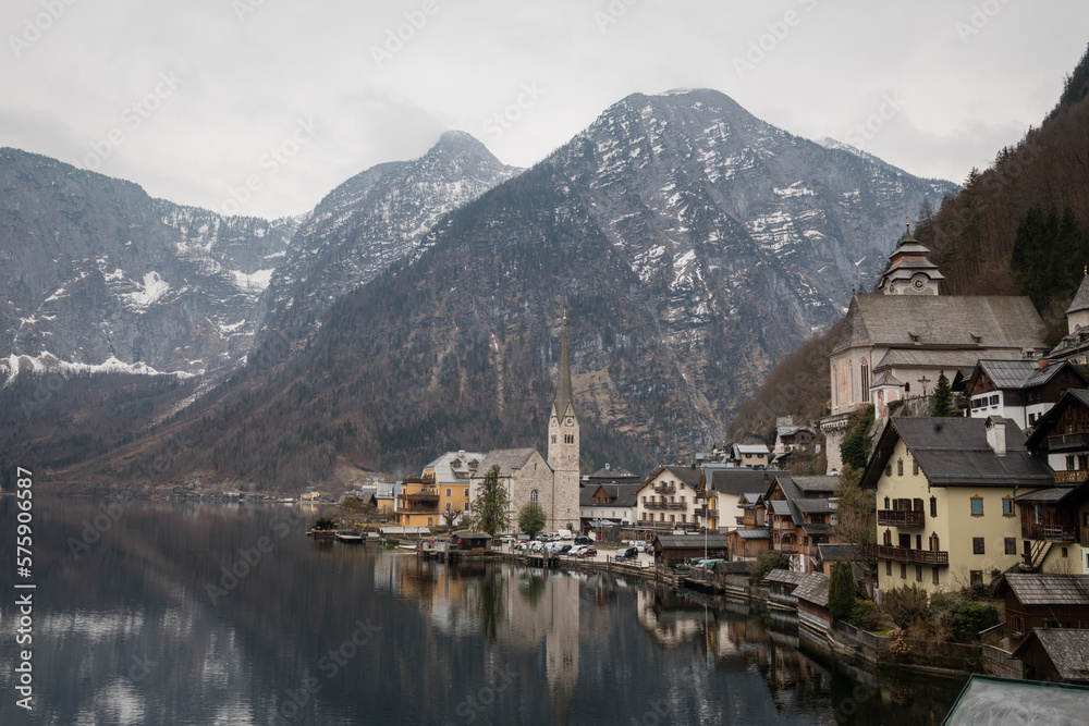 Famous Hallstatt lakeside town in the Alps, Salzkammergut region, Austria