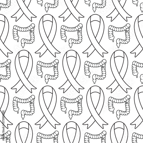 Seamless pattern with colonoscopy flat line icon and ribbon for colorectal cancer awareness month. CMYK color mode ready to print.
