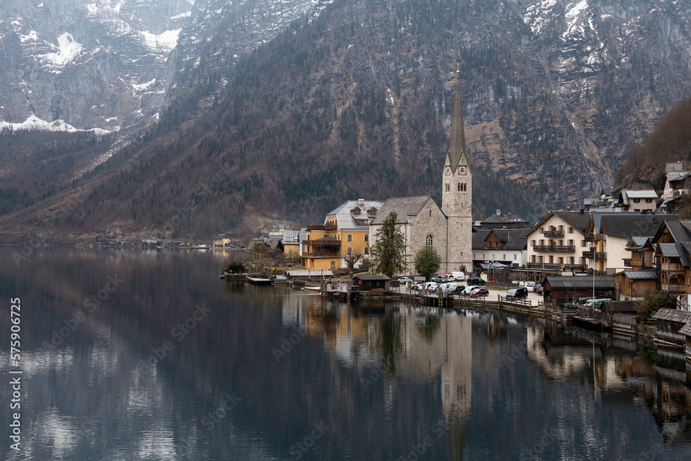 Famous Hallstatt lakeside town in the Alps, Salzkammergut region, Austria