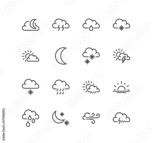 Set of weather related icons, wind, blizzard, sun, rain, clouds and linear variety symbols. 