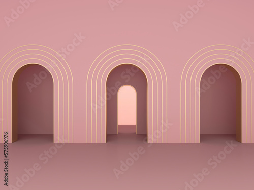 Abstract minimal geometric coral arched openings with golden edges; 3 arched doors mock up; simple clean arched design with golden stripes; minimalist wall niche mockup, 3d rendering, 3d illustration
