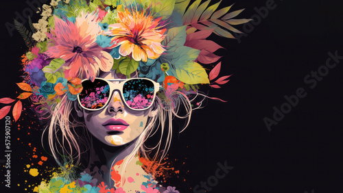 A sunglasses woman with floral headdress spring color season illustration. Generative ai.