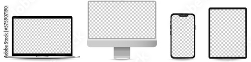 Set of Devices screen -computer monitor, laptop, smartphone, tablet . Device screen mockup . Vector isolated on white background.Device Icons.Realistic devices mockup set