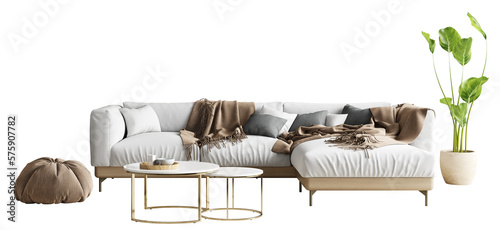 Fototapeta Naklejka Na Ścianę i Meble -  Modern furniture set. Isolated white sofa with plaid and pillows, coffee table and pot with plant. Home decor and accents. Isolated interior objects. 3d rendering