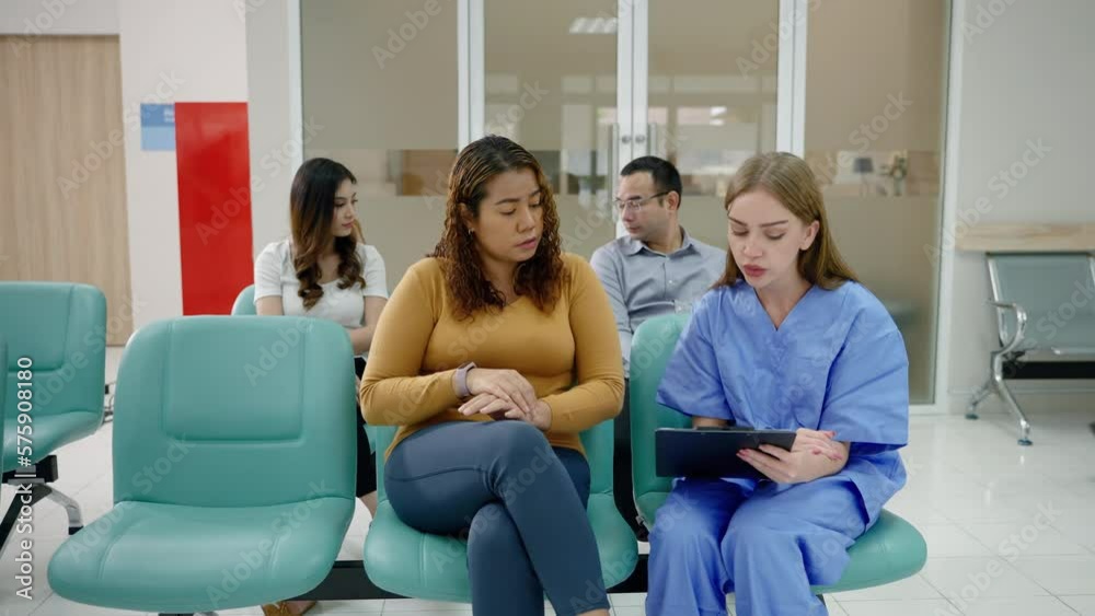 Diversity in hospital lobby or hallway with busy nurse, older patient on wheelchair, sick patient, relative waiting at reception
Diversity in hospital lobby or hallway with busy nurse, older patient on wheelchair, sick patient, relative waiting at reception