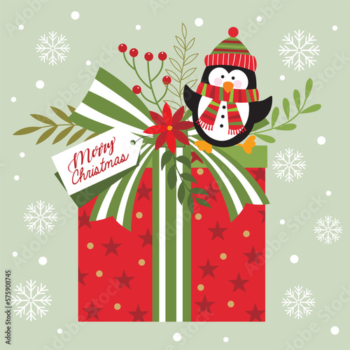 christmas card with penguin and present