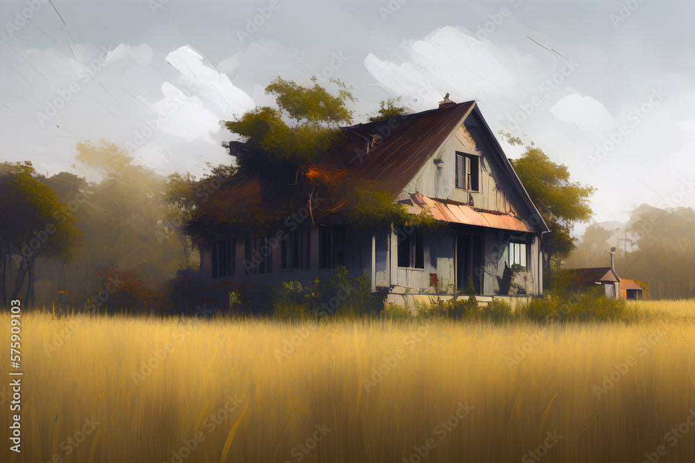 Abandoned house in countryside. Desolate residential building in nature, Generative AI Abandoned house in countryside. Desolate residential building in nature, Generative AI
