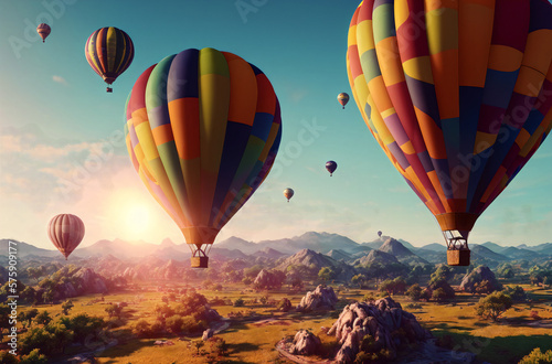Big balloons in sky. Bright multicolored airships in sky above nature. Travel concept, Generative AI © Anton Dios