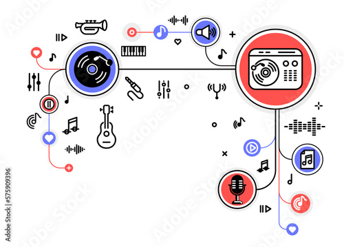 Music producing composing new track vector outline illustration, sound engineering in recording studio, composing creating audio mix.