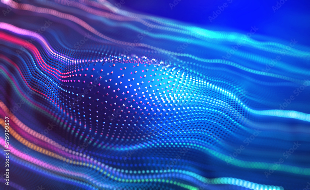 Particle waves, music sounds, big data, open information. 3D illustration diodes, neon flow, synthesis, generation Particle waves, music sounds, big data, open information. 3D illustration diodes, neon flow, synthesis, generation