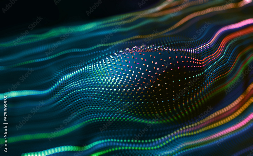 Data particles in the information flow of neon strings. 3D illustration of digital sound vibrations Data particles in the information flow of neon strings. 3D illustration of digital sound vibrations