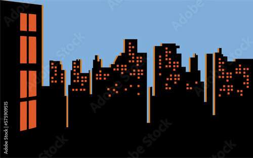 evening city, burning windows, minimalism, flat vector
