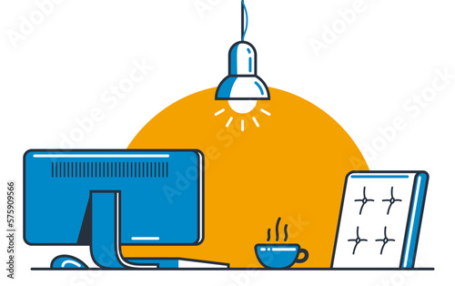 Work desk flat illustration isolated over white, office or home working place vector modern illustration, empty chair nobody vacant job concept, comfortable space for work.
