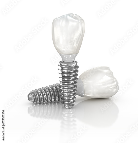 Dental implant and ceramic crown on white background. 3D illustration.