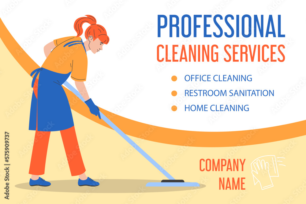 Professional cleaning service vector web banner template. Cleaning service worker washing the floor vector isolated. Professional cleaning equipment. Woman in uniform working.
