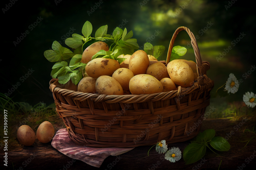 Basket with fresh potatoes. AI generated
