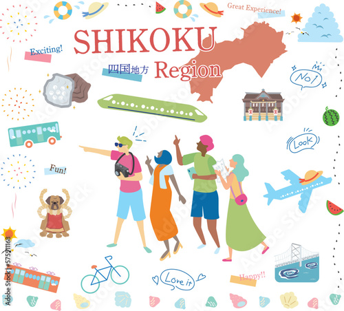 日本の四国地方の夏の名物観光を楽しむ観光客、アイコンのセット（フラット）