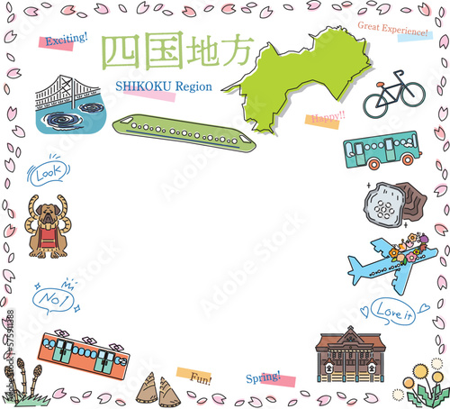 日本の四国地方の春の名物観光のアイコンのセット（線画）