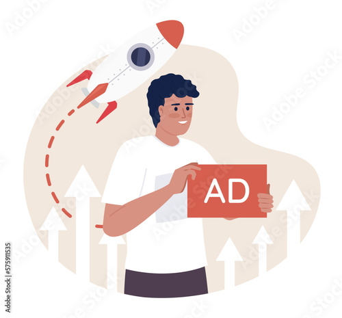 Startup advertising campaign flat concept vector spot illustration. Editable 2D cartoon character on white for web design. Creative idea for website, mobile, magazine. Quicksand Semibold font used