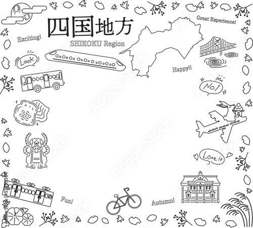 日本の四国地方の秋の名物観光のアイコンのセット（線画白黒）