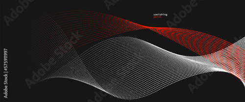 Abstract background vector illustration, red and black dots in motion by curve lines, particles flow wave isolated, monochrome black and white illustration.