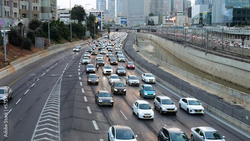 Evening rush hour commute into the city on the highway. Traffic jam on Tel Aviv Ayalon road