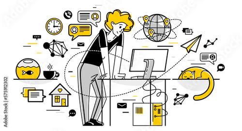 Freelancer working from home vector outline illustration, self-employed person busy with online work, professional doing some creative job on internet.