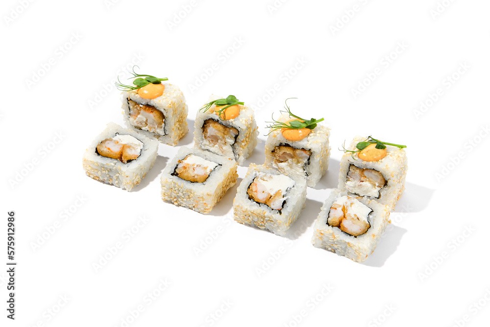 Maki sushi with sesame outside, tempura shrimp inside topped spicy sauce and microgreens. Spicy shrimp maki roll isolated on white background Trendy sushi roll with crispy prawn and hard shadows Maki sushi with sesame outside, tempura shrimp inside topped spicy sauce and microgreens. Spicy shrimp maki roll isolated on white background Trendy sushi roll with crispy prawn and hard shadows