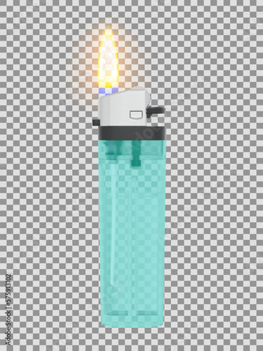 Plastic transparent classic lighter with lit flame. Vector illustration on checkered background