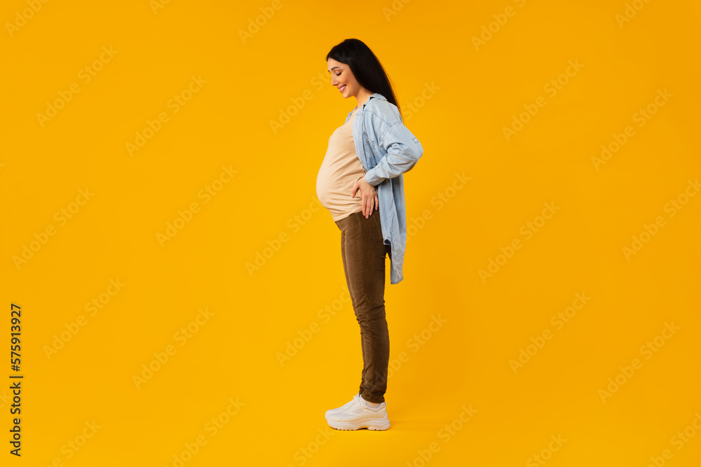 Profile shot of pregnant woman posing on yellow background, looking at belly and smiling, enjoying awaiting time Profile shot of pregnant woman posing on yellow background, looking at belly and smiling, enjoying awaiting time