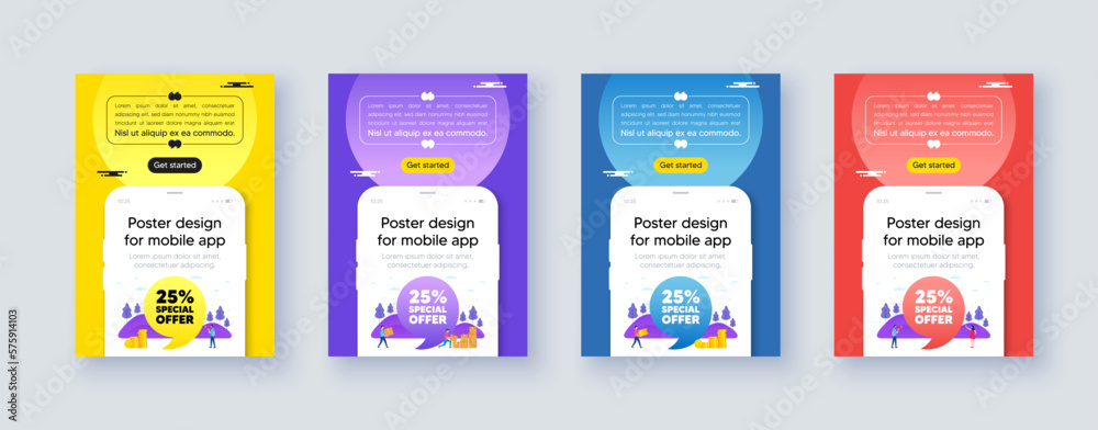 Poster frame with phone interface. 25 percent discount offer tag. Sale price promo sign. Special offer symbol. Cellphone offer with quote bubble. Discount message. Vector Poster frame with phone interface. 25 percent discount offer tag. Sale price promo sign. Special offer symbol. Cellphone offer with quote bubble. Discount message. Vector