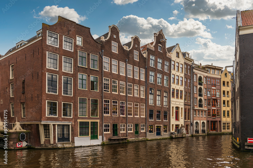 Panoramic of a typical canal in Amsterdam in Holland in the Netherlands