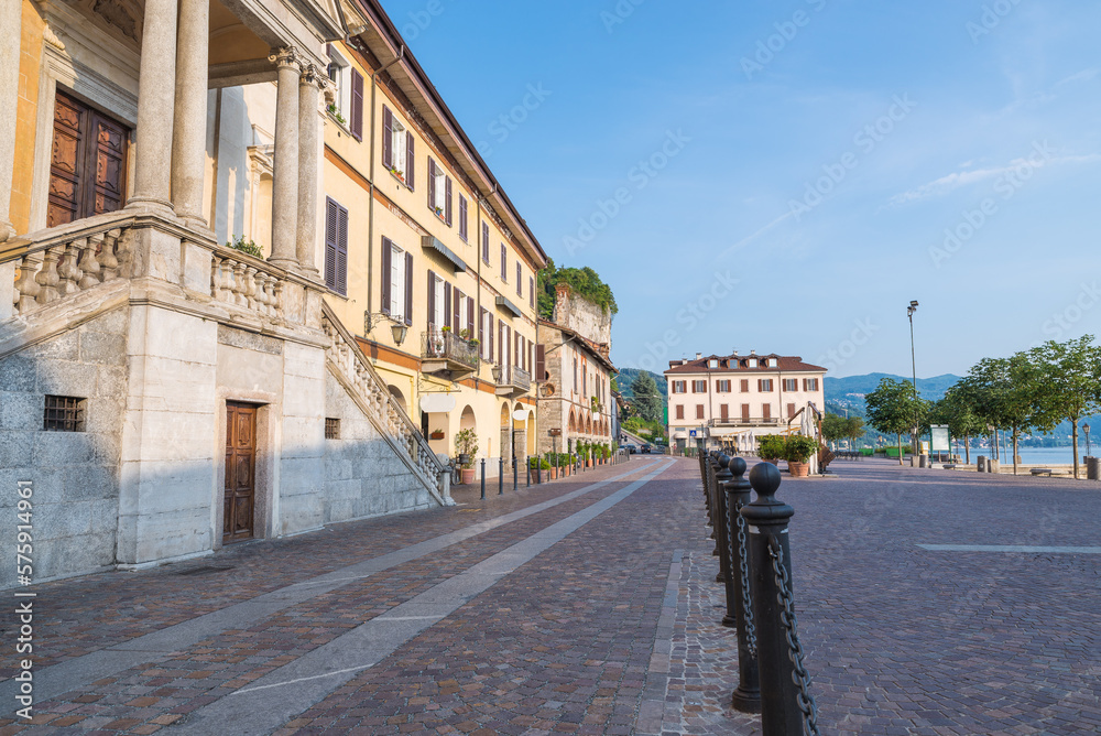 Picturesque town on lake. Historic center of Arona, lake Maggiore, Italy. Piazza del Popolo, the oldest and most characteristic part of the village of Arona