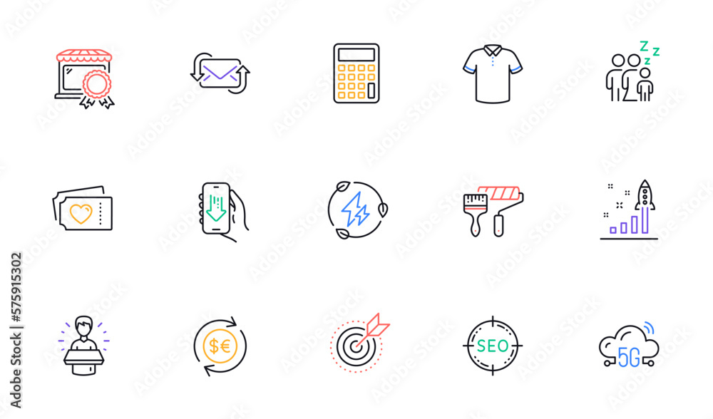 Paint roller, 5g cloud and Brand ambassador line icons for website, printing. Collection of Target purpose, T-shirt, Green electricity icons. Seo, Calculator, Refresh mail web elements. Vector Paint roller, 5g cloud and Brand ambassador line icons for website, printing. Collection of Target purpose, T-shirt, Green electricity icons. Seo, Calculator, Refresh mail web elements. Vector