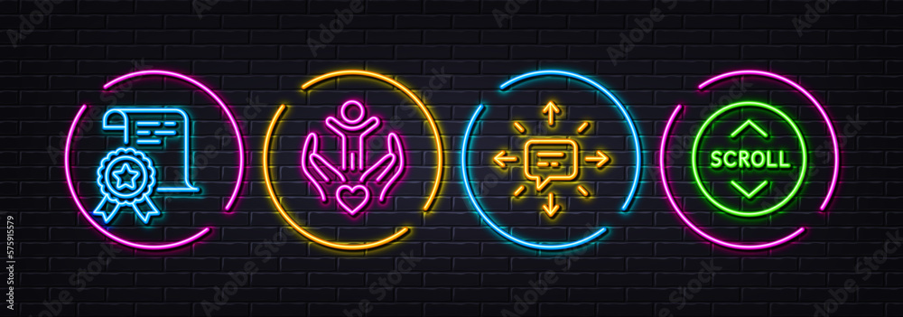 Volunteer, Certificate and Sms minimal line icons. Neon laser 3d lights. Scroll down icons. For web, application, printing. Hospice care, Certified file, Conversation. Swipe arrow. Vector