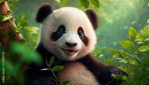 Cute happy smiling baby panda in tropical green forest background. Generative AI