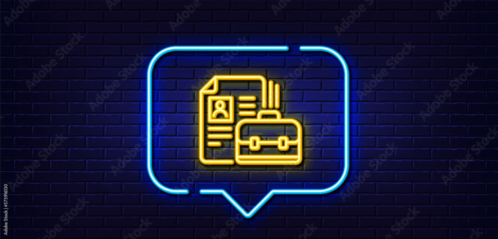 Neon light speech bubble. Business case with CV line icon. Portfolio symbol. Vacancy or Hiring sign. Neon light background. Vacancy glow line. Brick wall banner. Vector Neon light speech bubble. Business case with CV line icon. Portfolio symbol. Vacancy or Hiring sign. Neon light background. Vacancy glow line. Brick wall banner. Vector