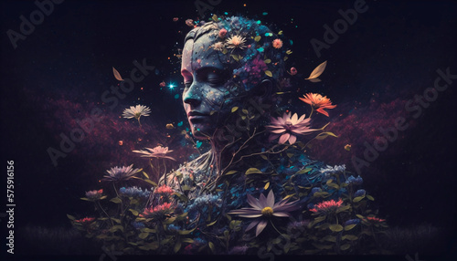 Meditation spiritual sense. Abstract space flowers background. Generative AI
