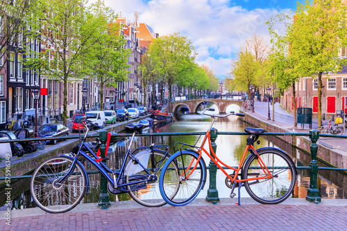 Amsterdam, Netherlands. Bicycles on a bridge early morning.