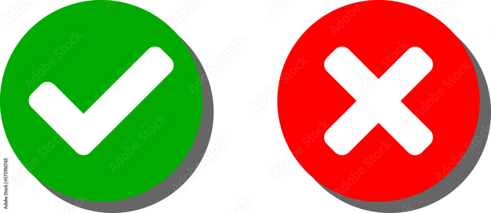 Yes and No or Right and Wrong or Approved and Declined Icons with Check Mark and X Signs with 3D Shadow Effect in Green and Red Circles. Vector Image. Yes and No or Right and Wrong or Approved and Declined Icons with Check Mark and X Signs with 3D Shadow Effect in Green and Red Circles. Vector Image.